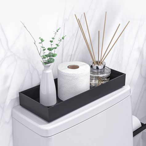 PRICES MAY VARY. 100% Solid Bamboo 【Black Modern Bathroom Decor】 Add a toilet tank tray to complete the modern bathroom decoration to make it look more presentable and perfect. Choosing to use a rectangular bamboo organizer box and place it over the toilet tank. Then you can use it to display tissue so that it will be easier to access,or display cotton, candles, house plants and others so that it will look more attractive 【Bathroom Counter & Wall/Drawer Organizer】 Guest towel,countertop canister Decor Dresser Top, Toilet Tank Tray, Bathroom Tray Decor, Simple Toilet, Modern Black Bathroom, Black Bathroom Decor, Bathroom Counter Decor, Bathroom Decor Sets, Counter Decor