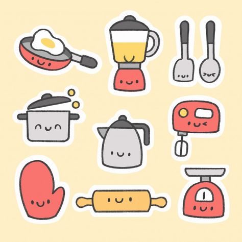 Cute kitchen tools sticker hand drawn ca... | Premium Vector #Freepik #vector #logo #hand #cartoon #sticker Cute Kawaii Drawings Doodles, Kitchen Tools Drawing, Doodles Kawaii, Cute Cartoon Food, E Ticket, Arte Doodle, 귀여운 음식 그림, Preppy Stickers, Homemade Stickers