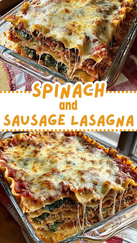 Spinach and Sausage Lasagna Sausage And Spinach Lasagna Recipe, Chicken Spinach Mushroom Lasagna, Chicken Sausage Lasagna, Turkey Sausage Lasagna, Lasagna With Spinach And Meat, Lasagna Recipe With Ricotta And Sausage, Spinach Lasagna Recipe Easy, Turkey Spinach Lasagna Recipe, Meal Prep Lasagna