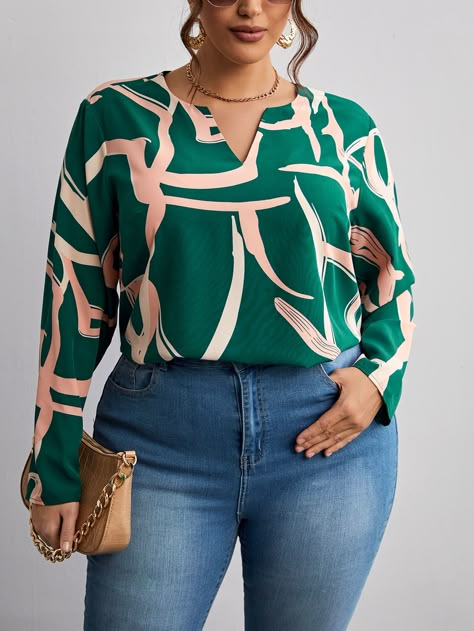 Plus Graphic Print Notched Neck Blouse Batwing Sleeve Shirt, Business Casual Blouse, Hawaiian Print Shirts, 2piece Outfits, Oversize Pullover, Chic Blouses, Design Dresses, African Design Dresses, Summer Blouses