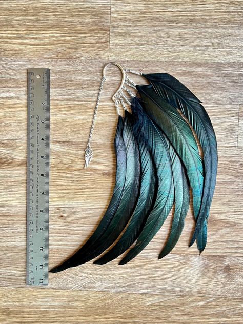 Raven Spirit Black Feather Ear Cuff Black Bird Feather Ear - Etsy Macrame Raven, Feathered Clothes, Crow Party, Gothic Hats, Carnival Diy, Crow Feathers, Raven Feathers, Raven Costume, Wing Tattoos On Back