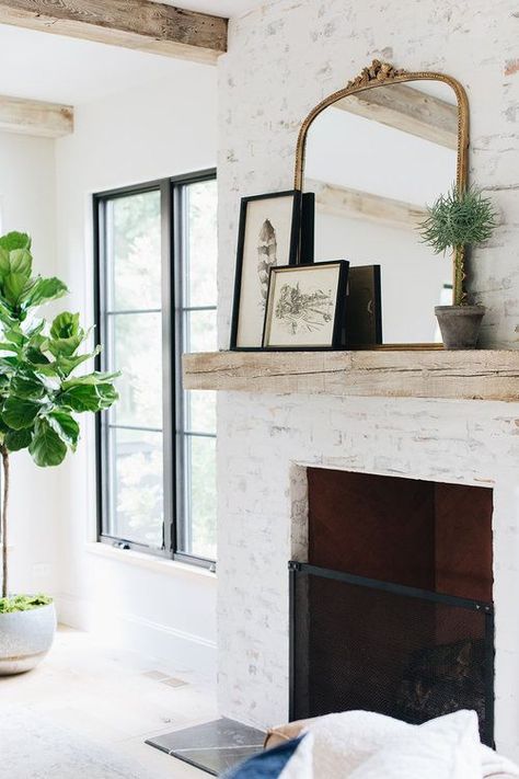 White Painted Brick Fireplace, Diy Mirror Makeover, Scandinavian Fireplace, Mirror Over Fireplace, White Painted Brick, White Brick Fireplace, Painted Brick Fireplace, Wood Mantel, Brick Fireplace Makeover