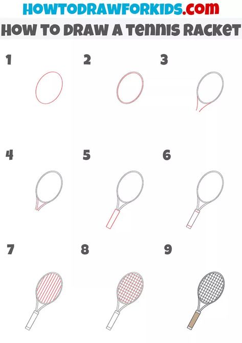 How to Draw a Tennis Racket - Easy Drawing Tutorial For Kids How To Draw A Tennis Racket, Tennis Drawing Easy, Tennis Racket Drawing, Tennis Racket Art, How To Makw, Tennis Drawing, Tennis Ideas, Sports Drawings, Middle School Art Projects