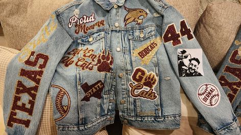 Patch Work Denim Jacket, Hockey Jean Jacket, Winter Outfit Work, Outfits Ideas Christmas, Viking Jacket, Teacher Jacket, Festival Outfit Casual, Work Christmas Party Outfit, Christmas Outfit Ideas Casual