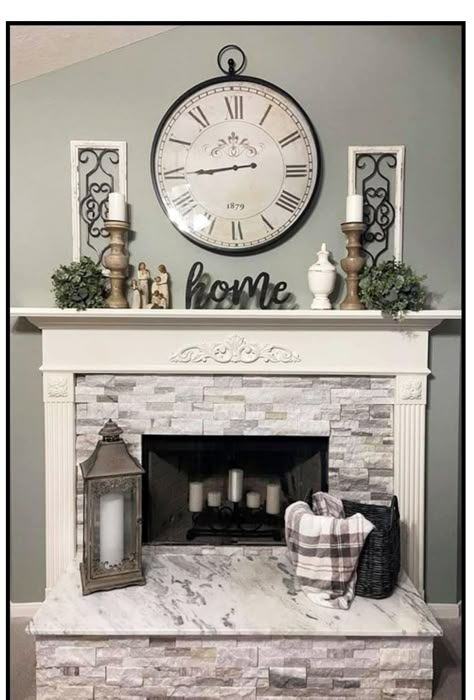 Condo Fireplace Makeover, Model Home Decorating Living Room, Fireplace Mantle Decor With Clock, Mantel Decorating Ideas With Clock, Fireplace Mantle Decor Farmhouse, White Fireplace Ideas, Simple Mantel Decorating Ideas, Over Fireplace Decor Ideas, Mantle Decorating Ideas Everyday