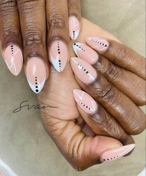 Line And Dot Design Nails, Black Fine Line Nail Art, Almond Nails With Abstract Lines, Diy Almond Nails, Nude Nails With Black Dots, Black White Geometric Nails, Geometric Nail Art Black And White, Polka Dot Nail Art Designs, Trip Nails