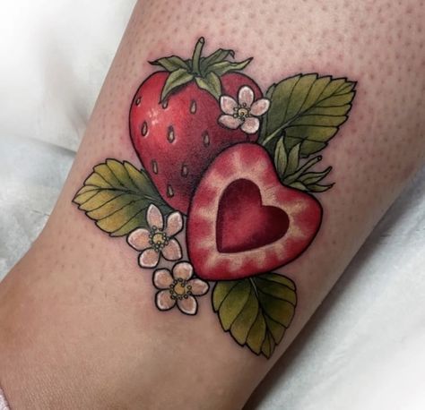 Strawberry Tattoo Sleeve, American Trad Strawberry, Heart Strawberry Tattoo, American Traditional Strawberry, Strawberry Heart Tattoo, Two Strawberries Tattoo, Strawberry Milkshake Tattoo, Strawberry Tattoo Neotraditional, Strawberry Shortcake Tattoo