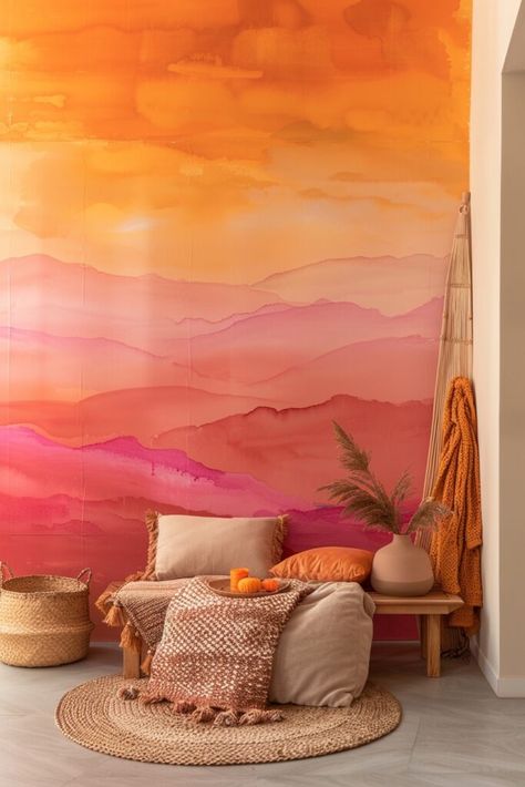 Desert Sunset Boho Accent Wall Bohemian Bedroom Decor Colorful, Blush And Orange Bedroom, Sunset Room Paint, Boho Walls Painted, Rooms With Pink Walls, Sunset Colors Bedroom, Sunset Wall Mural Painting Diy, Bedroom Painting Ideas Aesthetic, Sunset Color Palette Bedrooms