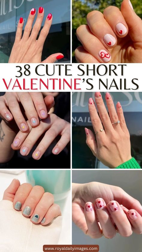 Short Valentine’s Nail Designs 2024 Valentine’s Day Nail Ideas For Short Nails, Valentine’s Short Nails, Cute Short Nails Valentines Day, Easy Valentines Nail Designs, Nail Art Designs February, Short Nails For February, February Nail Art Ideas, Short Squoval Valentines Nails, Valentine’s Day Nails For Short Nails