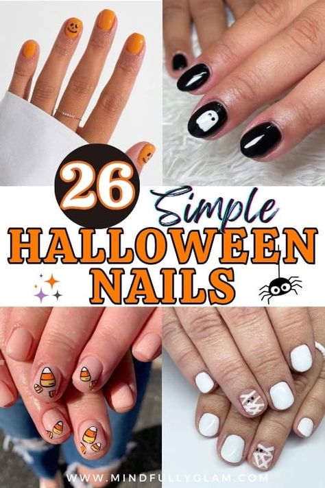 26 Chic & Simple Halloween Nails and Halloween Nail Designs Halloween Nail Designs Kids, Short Halloween Nail Designs Simple, Easy Halloween Nails Design Short, Halloween Gel Nails Ideas Short Simple, Diy Halloween Nail Art Easy, Simple Halloween Almond Nails, Ghost Nail Designs Easy, Pretty October Nails, How To Ghost Nails