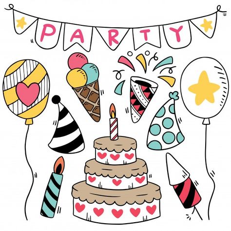 Hand drawn party doodle happy birthday o... | Premium Vector #Freepik #vector #background #pattern #flower #birthday Happy Birthday Icons, Note Doodles, Doodle Frame, Birthday Clips, Easy Doodle Art, Planning Stickers, Doodle Art Designs, Bullet Journal Doodles, Journal Doodles