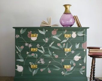 Decorative Vines, Upcycle Inspiration, Pine Bookcase, Hand Painted Dressers, Dressing Table With Drawers, Vintage Bookshelf, Pot Painting, Painted Sideboard, Painted Drawers