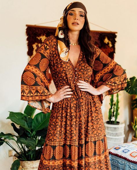 Nine Lives Bazaar on Instagram: “🔸 Rhapsody 🔸 launching end of July! We are so excited for this artistically bohemian collection. Candice wears our Belle dress in Africa 🧡🤎🖤” 70s Inspired Fashion Summer, Retro Dress 70s, 70s Boho Fashion, 70s Inspired Outfits, Outfits 70s, 70s Inspired Fashion, Dress 70s, Boho Chic Dress, Belle Dress