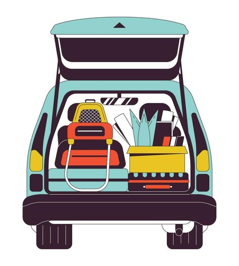 Car trunk with personal belongings flat line color isolated vector object. Packing for road trip. Editable clip art image on white background. Simple outline cartoon spot illustration for web design Car Trunk Illustration, Packing Car, Road Trip Packing, Car Trunk, Car Illustration, Vector Graphics, White Background, Vector Free, Art Images