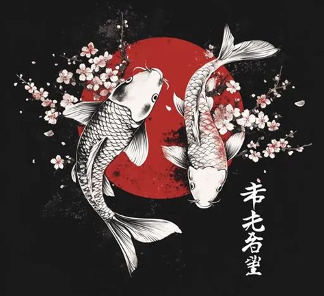 ↑↑↑ Larger size on website 🔸 The image depicts two white koi fish swimming around a large red circle. The fish are drawn in a det Koi Fish Moodboard, Black And White Koi Fish Wallpaper, Red And White Koi Fish, Red Koi Fish, White Koi Fish, Koi Fish Japanese, Japan Koi Fish, Fish Japanese, Koi Fish Swimming