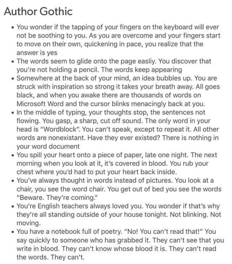 You know what would be a good show idea, a show focused on these types of gothics. It's set up like black mirror, where every episode has a different story with different people, and the gothics are literally happening Different Types Of Horror, Gothic Story Ideas, Gothic Story Prompts, Gothic Prompts, Story Setting Ideas, Regional Gothic, Gothic Writing Prompts, Gothic Writing, Gothic Stories
