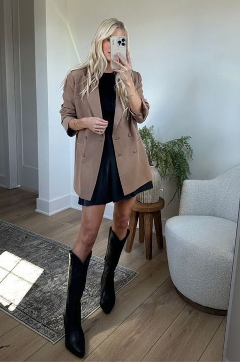 Cowboy Boot Outfits Office, Brown Blazer Dress Outfit, Brown Suede Western Boots Outfit, Western Boots Office Outfit, Work Outfit Cowboy Boots, Cowboy Boots Professional Outfit, Western Knee High Boots Outfit, Kathleen Post Outfits, Long Western Boots Outfit