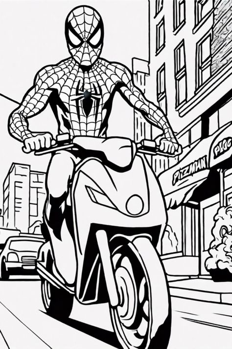 Join Spider-Man on his thrilling city scooter adventure! Color in Spider-Man's suit and the detailed scooter as they zoom through bustling streets. Get ready for coloring fun and unleash your creativity on this action-packed coloring page. Spiderman Colouring Picture, Spiderman Colouring In, Spiderman Activity Sheets, Printable Spiderman Coloring Pages, Spider Man For Coloring, Spider Man Coloring Pages Free Printable, 2000s Coloring Pages, Boy Coloring Pages For Kids, Spiderman Coloring Pages Free Printable