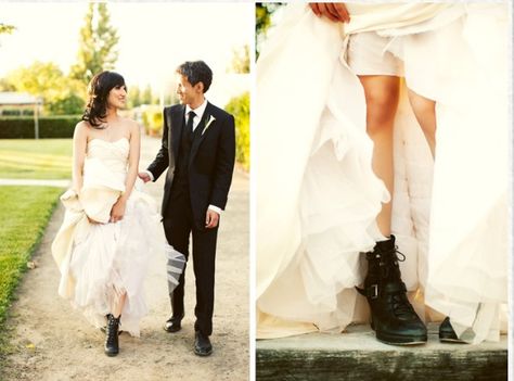 I am such a fan of combat looking boots with a wedding dress! It's edgy and different! I might do this when I get married! Edgy Wedding, Sonoma Wedding, Wedding Boots, When I Get Married, Courtney Love, Dare To Be Different, Modern Bridal, Black Wedding Dresses, Be Different