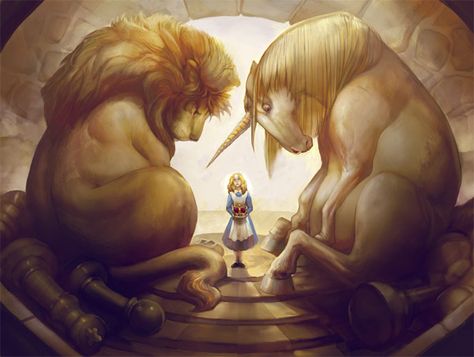 Alice, Unicorn and Lion by Julie Dillon Lion And Unicorn, Fantasy Paintings, Fairytale Art, Lewis Carroll, Adventures In Wonderland, The Unicorn, Fantasy Artist, Through The Looking Glass, 판타지 아트