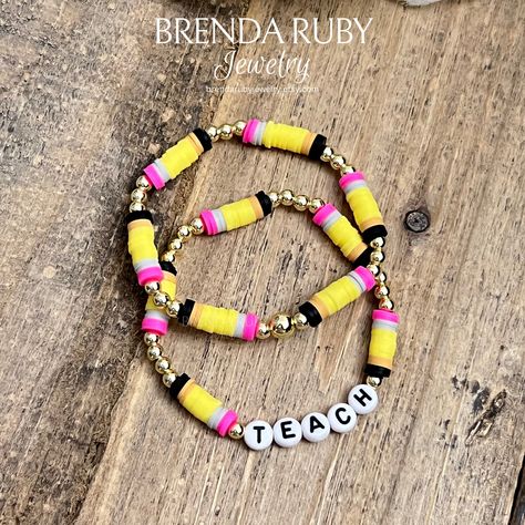 Back to school bracelets! 🍎 ✏️  Ready to gift, gift tag included!  Let me know if you would like me to package a stack together.  Can personalize TEACH bracelet with up to 5 characters including spaces. **Bracelet is made out of 6mm polymer clay beads, 6mm gold plated hematite beads and acrylic letter beads.  **Bracelet is approximately 7 inches, standard women's bracelet size. Due to design of the bracelet, size cannot be modified.  **This item is handmade with a lot of love, may have some slight variations in bead color due to supplier stock,  size and/or slight imperfections.  Some beads can become a choking hazard, not recommended for young children. Use at your own risk.  Not waterproof, keep bracelets away from moisture to prolong it's appearance.  Made with strong jewelry elastic, Color Combinations For Clay Bead Bracelets, Beaded Bracelet Color Patterns, 3 Color Beaded Bracelet, Clay Bead Bracelet For Teacher, Clay Bead Bracelet Ideas School, School Beaded Bracelets, School Clay Bead Bracelet, Beaded Teacher Bracelets, Clay Bead Bracelet Ideas For Teachers