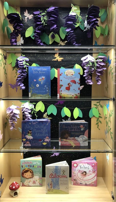 Fantasy Book Display, Fairy Tail Bulletin Board Ideas, Seasonal Book Displays, Fairytales Display Board, April Book Displays, Spring Book Display Libraries, Fairy Sisters, Children's Library, Ideas Decoracion