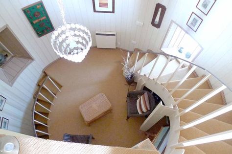 Lighthouse Home Interior, Lighthouse Home, Lighthouse Inspiration, Frame Cabins, Old Lighthouse, A Frame Cabins, Winding Staircase, Flagstone Flooring, Unusual Homes