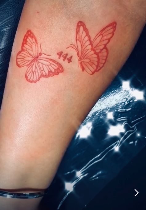 Pretty Tattoos Spiritual, 888 Butterfly Tattoo, 333 Butterfly Tattoo, 444 With Butterfly Tattoo, Cute Red Tattoos For Women, Ways Tattoo Jhene Aiko With Butterfly, 444 Butterfly Tattoo, Pink Ink Tattoo, 444 Tattoo Meaning