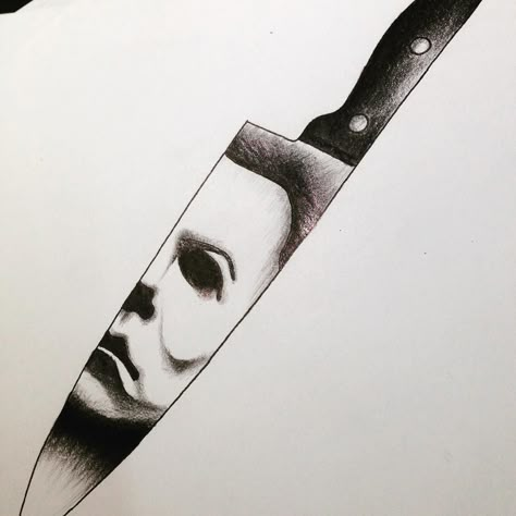 Michael Myers tattoo. Getting this on the outside of my left arm. Michael Myers Knife Tattoo, Michael Myers Knife, Michael Myers Drawing, Michael Myers Tattoo, Myers Tattoo, Michael Myers Art, Horror Movie Tattoos, Knife Drawing, Scary Drawings