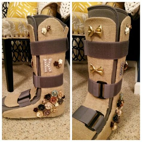 Boot Ribbon Ideas, Decorate Walking Boot, Decorated Air Cast Boot, Medical Boot Decorations Diy, Cam Boot Decoration, Costume Boot Covers Diy, Cam Boot, Broken Ankle Recovery, Walking Cast