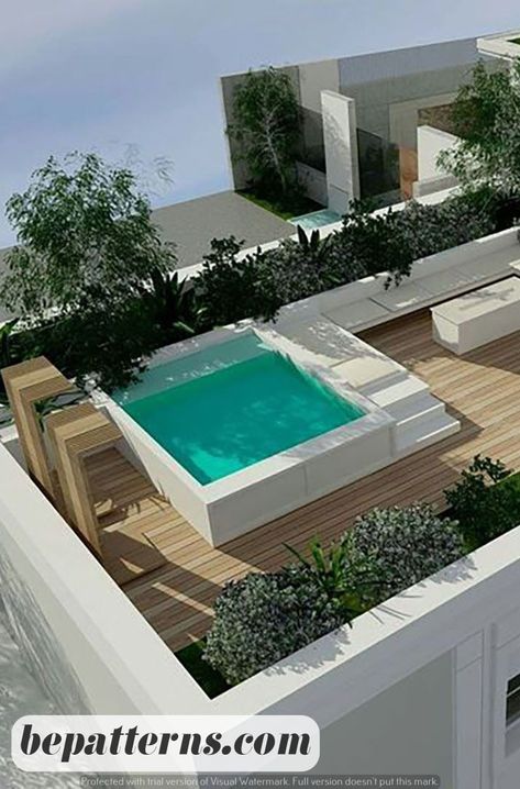 Home Decor Furniture | Easy DIY | Budget-Friendly Tips Roof Top Pool Design House, Rooftop Garden With Pool, Rooftop Jacuzzi Modern, Terrace Pools Rooftops, Roof Garden With Pool, Kitchen Rooftop Design, Rooftop Terrace With Pool, Pool Terrace Ideas, Roof Pool Ideas