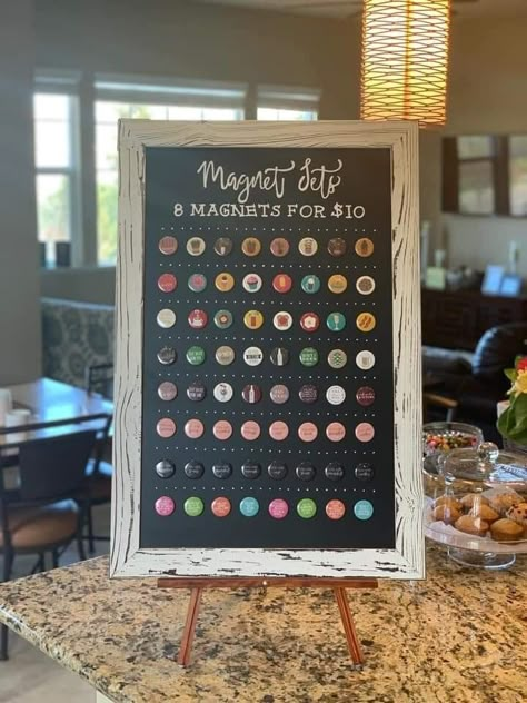 Vendor Magnet Display, Display Magnets Craft Fairs, How To Display Magnets At A Craft Show, Vendor Show Ideas, Magnet Display Ideas Craft Fairs, Magnet Display Ideas, Booth Table Ideas, Art Fair Booth Ideas, Vendor Table Display Ideas