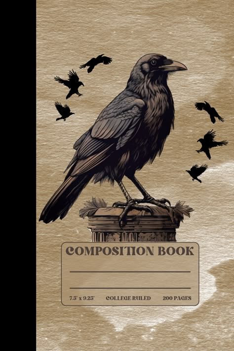 Vintage Raven Halloween themed Notebook, matte cover, college ruled sheets, 7.5"x 9.25 inches dimension, 200 pages. Dark Academia Notebook Cover, Goodnotes Notebook Cover Dark Academia, Vintage Notebook Aesthetic, Cool Notebook Covers, Notebook Cover Design Printables, Goodnotes Journal Cover, Notes Cover Page, Notebook Page Template, Art Cover Page