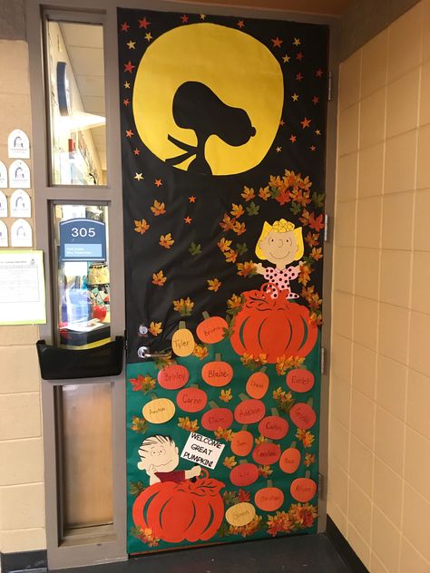 The Great Pumpkin Door Decoration, Fall Themed Door Decorations Classroom, Charlie Brown Fall Classroom Door, Snoopy Halloween Classroom Door, Snoopy Fall Classroom Door, Peanuts Door Decoration, Great Pumpkin Charlie Brown Classroom Door, Pumpkin Themed Classroom Door, Halloween Door Art Classroom