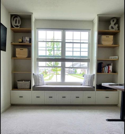 Book Storage Under Window, Shelving Around Windows, Bookcases Around Window, Natural Living Room Decor, Study Lounge, Kids Room Bookshelves, Baby Room Storage, Window Seat Design, Built In Shelves Living Room