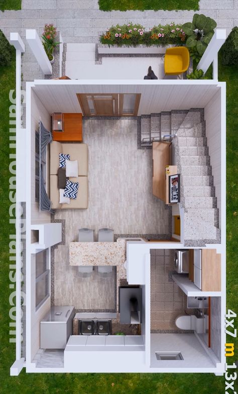 Small Duplex Interior Design, House Interior For Small House, Tiny Duplex House Design, Small House With Loft Bedroom, Small House Modern Interior, Home Minimalist Small Houses, Mini Duplex House Design, Tiny Duplex House Plans, Small Townhouse Design