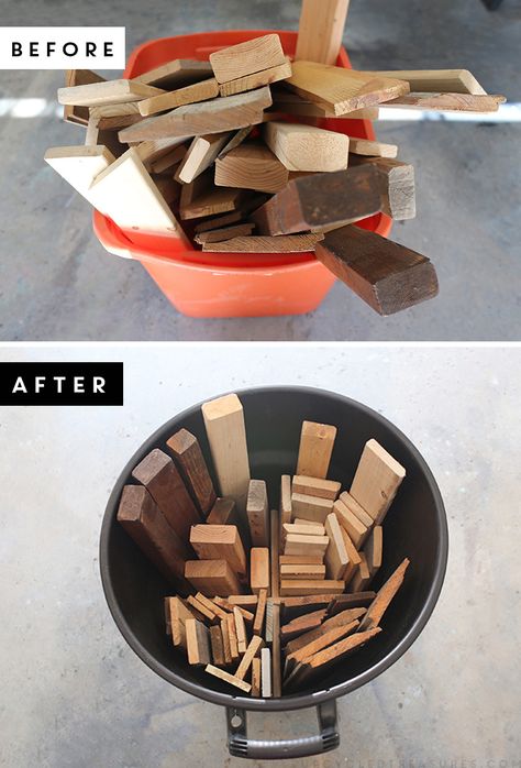 Two options to organize scrap wood. MountainModernLife.com Organize Scrap Wood, Scrap Wood Storage Ideas, Wood Storage Ideas, Scrap Wood Storage, Storage Ideas Garage, Diy Storage Table, Small House Storage, Diy Storage Ottoman, Dream Workshop