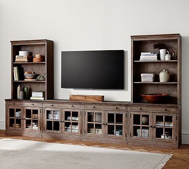 Pottery Barn Livingston, Meranti Wood, Den Ideas, Modular Office, Bookcase Desk, Shelving Ideas, Small Entryways, Open Living, Daily Organization