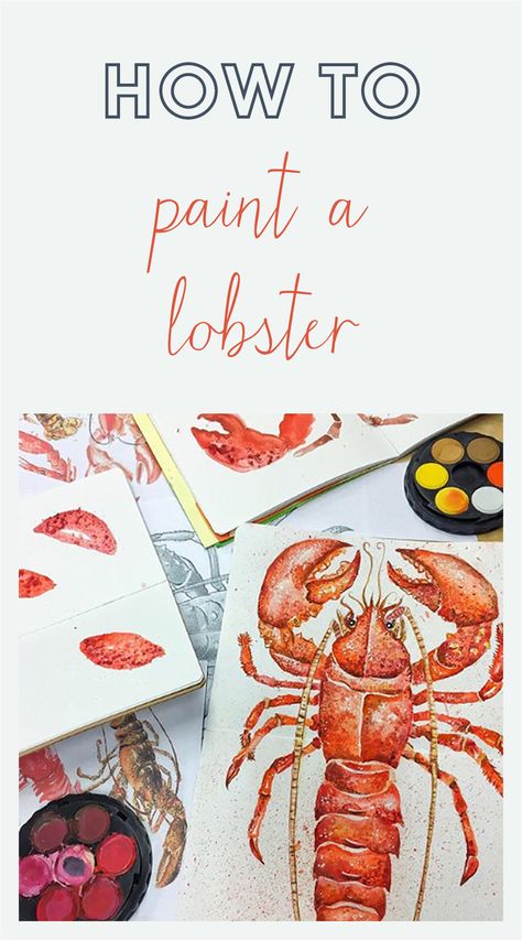 In this easy-to-follow painting tutorial, illustrator Jennie Maizels will help you recreate her textured watercolour lobster at home. You will need An HB pencil A set of watercolours Size 1 and 6 brushes Some flakey seasalt White goache for highlights (optional) Watercolor Lobster Painting, Lobster Painting Easy, Lobster Cartoon, Lobster Watercolor, Lobster Painting, Lobster Art, Hb Pencil, Arts Club, White Gouache