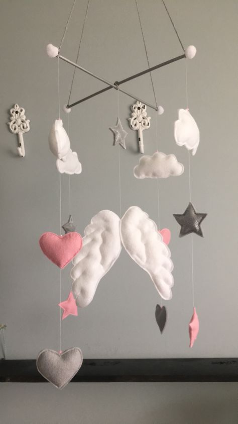 Angel Nursery Theme, Fantasy Nursery, Sewing Felt, Cozy Baby Room, Handmade Mobile, Angel Theme, Diy Baby Mobile, Angel Decor, Baby Room Design