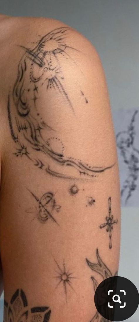 Celestial Filler Tattoo, Celestial Shoulder Tattoos For Women, Pretty Odd Tattoo, Space Shoulder Tattoo, Night Sky Tattoo Starry, Abstract Moon Tattoo, Tiny Chest Tattoo Female, Whimsical Tattoo Ideas, Ethereal Tattoo Sleeve