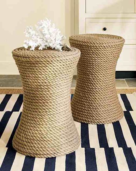 rope wrapped furniture | Rope wrapped awesomeness. Summer Beach House, Rope Diy, Diy End Tables, Rope Crafts, Nautical Home, Beach Crafts, Snl, Nautical Decor, Beach House Decor