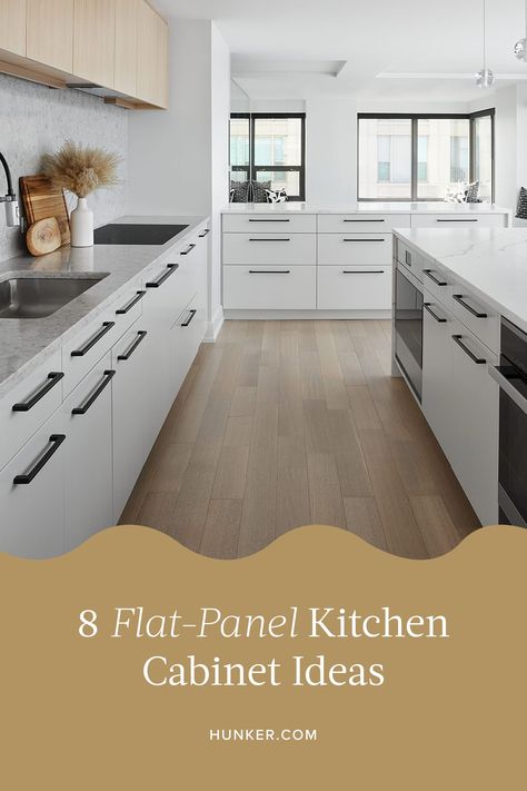 Modern Flat Panel Kitchen Cabinets, Modern Flat Front Kitchen Cabinets, White Kitchen Flat Cabinets, Flush Cabinets Kitchen, Flat Panel Cabinet Hardware, Kitchens With Flat Panel Cabinets, Hardware For Flat Panel Cabinets, Kitchen With Flat Cabinets, Flat Surface Kitchen Cabinets