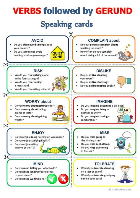 GERUND - Speaking cards - English ESL Worksheets Speaking Activities English, Speaking Cards, Teaching Worksheets, English Teaching Materials, Conversational English, English Verbs, Learn English Grammar, English Teaching, English Classroom