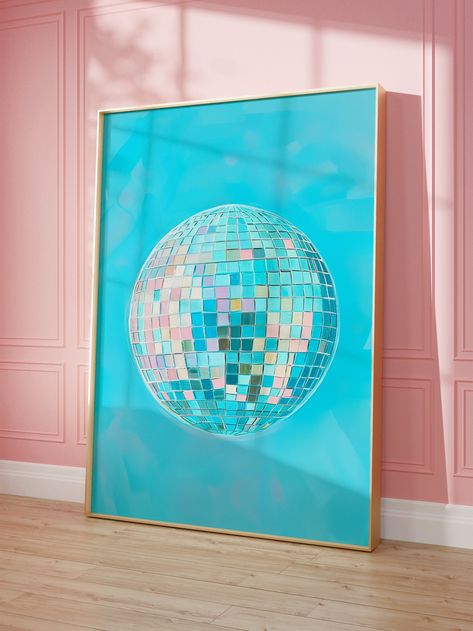 Printable Wall Art, Disco Ball Maximalist Oil Painting, Bright Pastel Blue Girly Poster, Trendy Dopamine Decor, Mirror Ball Vivid Print Blue Disco Ball, Maximalist Painting, Girly Poster, Art Disco, Pastel Blue Background, Living Room Poster, Decor Mirror, Dopamine Decor, Bleu Pastel