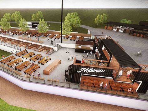 Milwaukee Milkmen introduce the Leinenkugel's Hop Yard for inaugural season Outdoor Foodcourt Design, Outdoor Sports Bar Ideas, Food Park Design, Outdoor Market Design, Food Court Design Outdoor, Caesar Bar, Community Park Design, Shipping Container Bar, Sport Bar Design