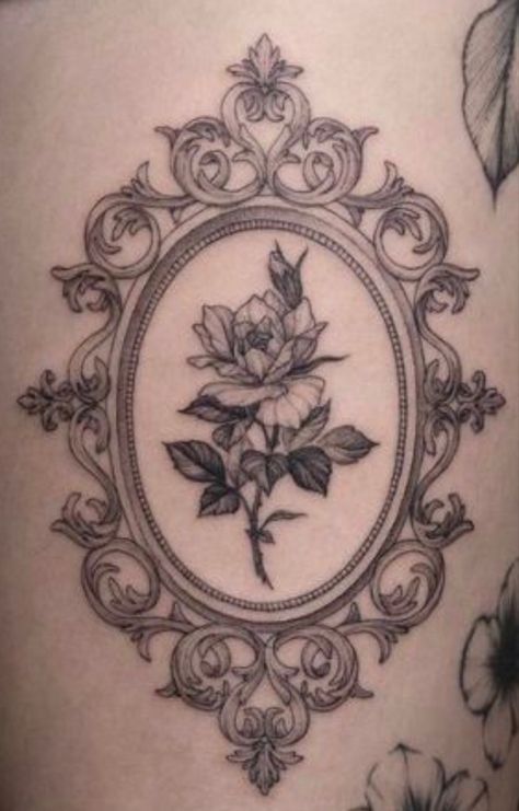 Edwardian Tattoo, Vintage Painting Tattoo, Gilded Age Tattoo, Victorian Filigree Tattoo, Frame Flower Tattoo, Baroque Tattoos, Antique Inspired Tattoos, Frame Tattoo Ideas, Vintage Birth Flower Tattoo