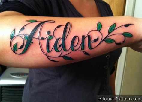 Aiden tattoo Aiden Name Tattoo, Forearm Name Tattoo, Aiden Name, Tattoo Designs With Names, Shoulder Name Tattoo, Tattoos For Childrens Names, Dedication Tattoos, Forearm Name Tattoos, Last Name Tattoos