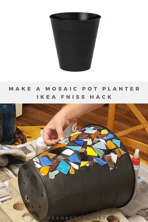 Moving Mosaic Diy, Mosaic On Plastic Pots, Mosaic Plant Pots, Mosaic Tile Planter, Mosiac Tile Flower Pot, Alpine Decor, Ikea Art, Mosaic Pot, Easy Ikea Hack