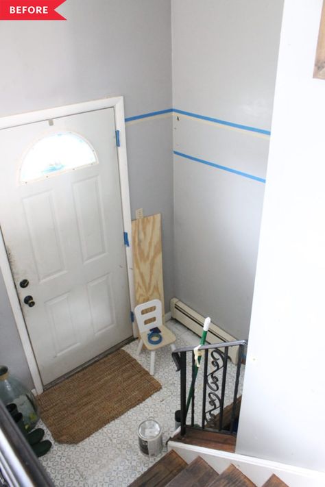 DIY Budget Mudroom Entry Makeover | Apartment Therapy Split Level Decorating, Raised Ranch Entryway, Stairwell Decorating Ideas, Stairwell Wall Ideas, Split Level Entry, Stairwell Accent Wall, Entry Way Lockers, Split Level Entryway, Split Entry Remodel